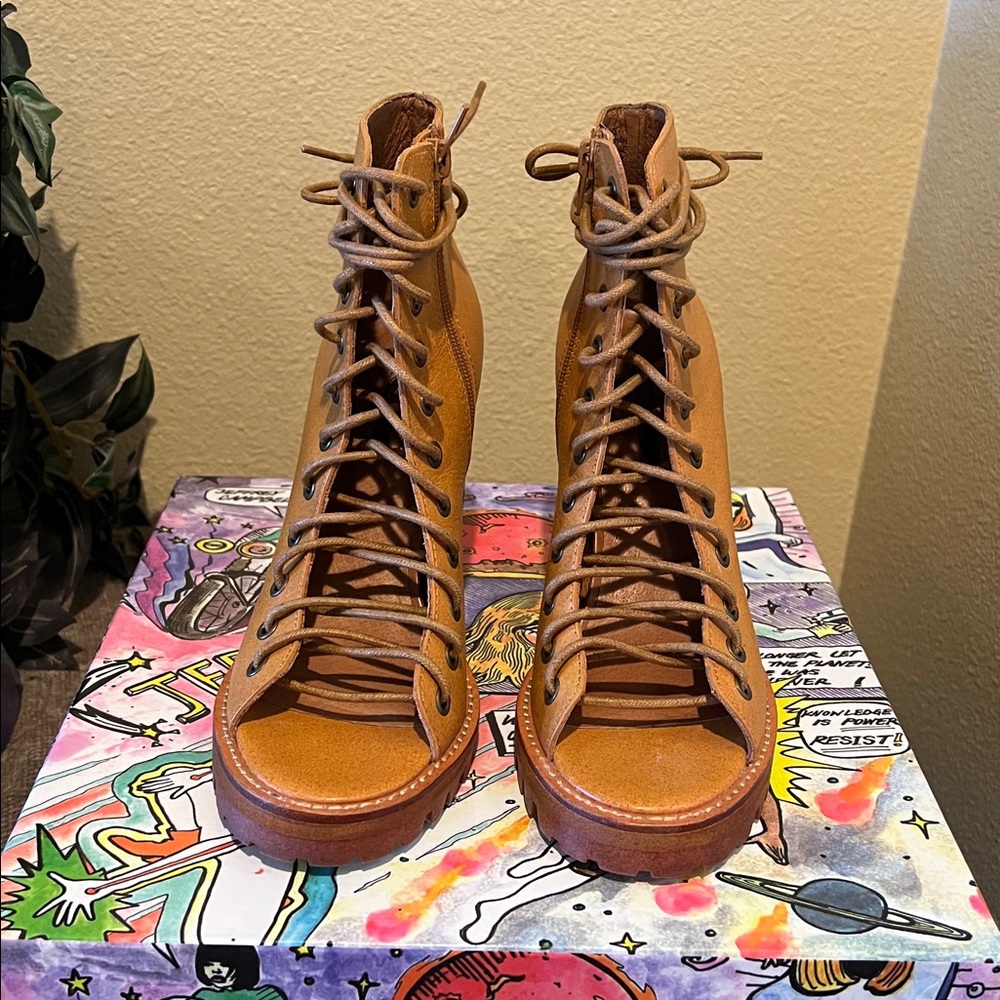 Jeffrey Campbell Tan Lace-Up Peep Toe Boots - Picture 2 of 9